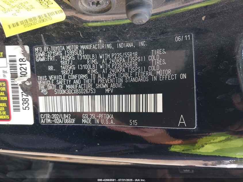 2011 Toyota Sienna Xle VIN: 5TDDK3DCXBS026753 Lot: 42865581