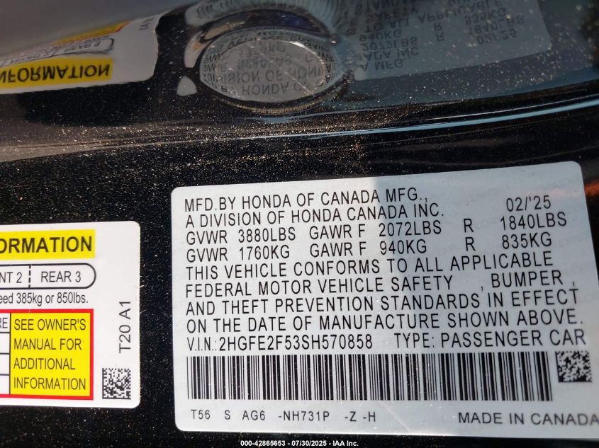 2025 HONDA CIVIC SPORT - 2HGFE2F53SH570858