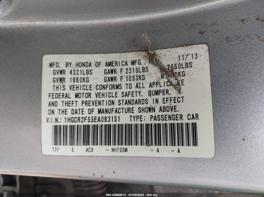 2014 Honda Accord Sport VIN: 1HGCR2F55EA093151 Lot: 42865812