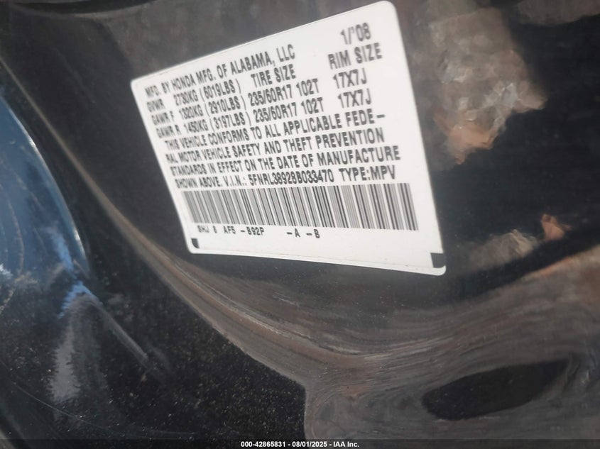 2008 Honda Odyssey Touring VIN: 5FNRL38928B033470 Lot: 42865831