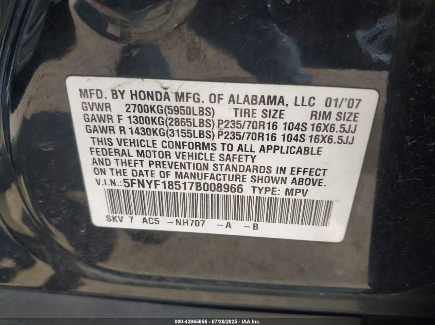 2007 Honda Pilot Ex-L VIN: 5FNYF18517B008966 Lot: 42865856