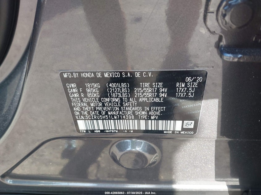2020 HONDA HR-V 2WD EX 3CZRU5H51LM714398