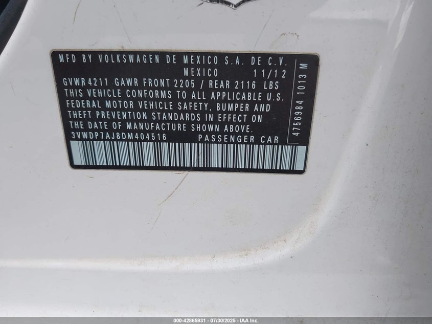 2013 VOLKSWAGEN JETTA 2.5L SE - 3VWDP7AJ8DM404516