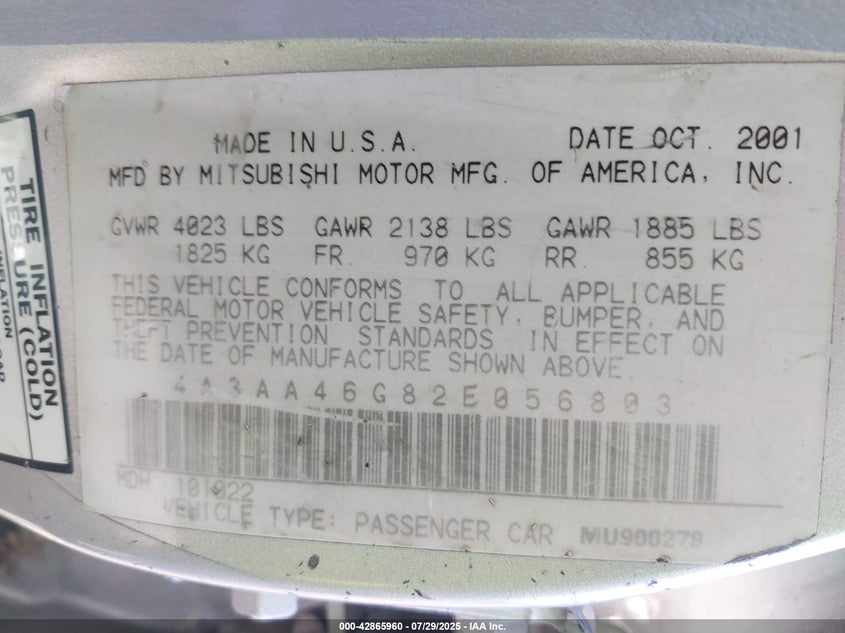 2002 Mitsubishi Galant Es/Ls VIN: 4A3AA46G82E056803 Lot: 42865960