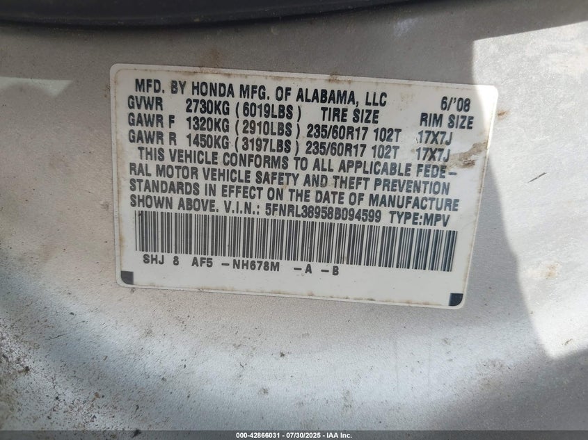 2008 Honda Odyssey Touring VIN: 5FNRL38958B094599 Lot: 42866031