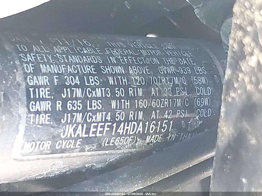 2017 Kawasaki Kle650 F/Lt VIN: JKALEEF14HDA16151 Lot: 42866163