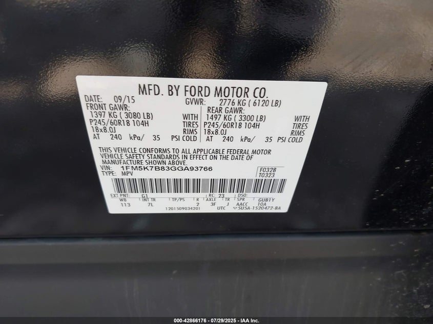 2016 FORD EXPLORER 1FM5K7B83GGA93766