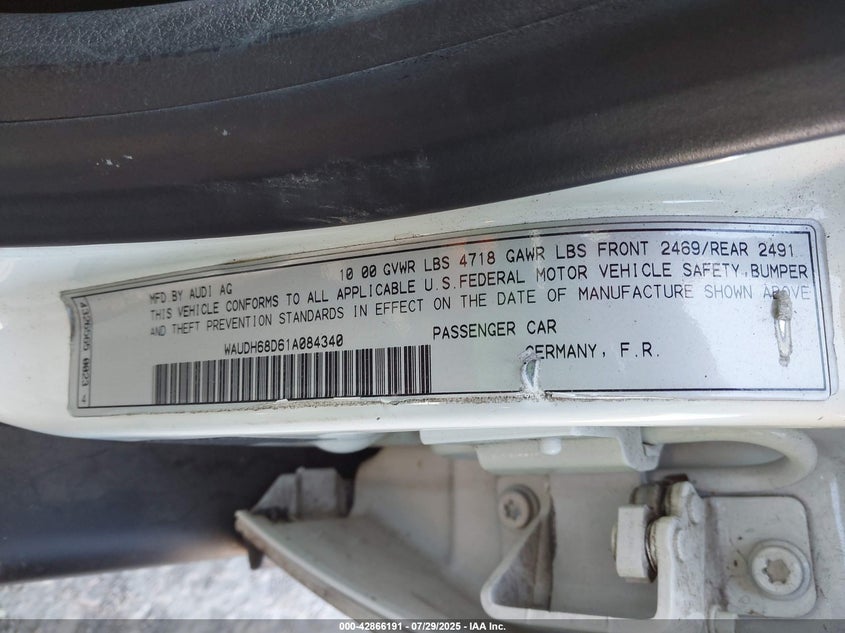 2001 Audi A4 2.8 VIN: WAUDH68D61A084340 Lot: 42866191