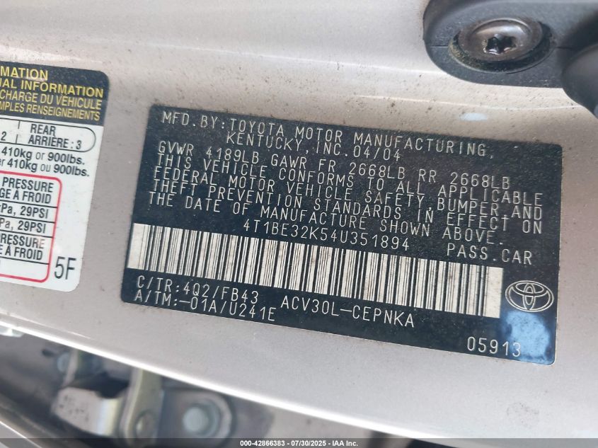 2004 Toyota Camry Le VIN: 4T1BE32K54U351894 Lot: 42866383