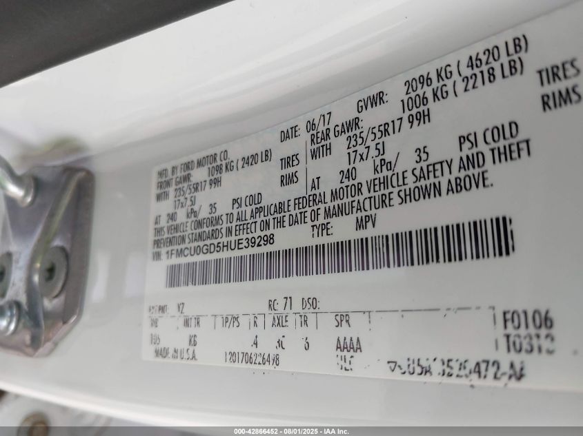 2017 Ford Escape Se VIN: 1FMCU0GD5HUE39298 Lot: 42866452