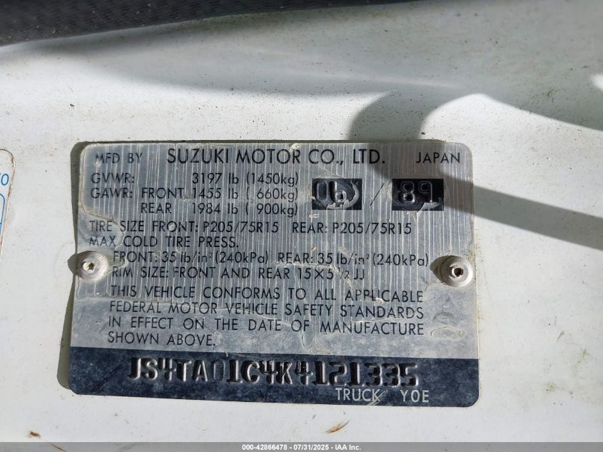 1989 Suzuki Sidekick Jx/Jlx VIN: JS4TA01C4K4121335 Lot: 42866478