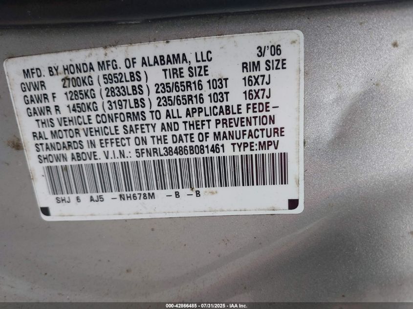 2006 Honda Odyssey Ex VIN: 5FNRL38486B081461 Lot: 42866485