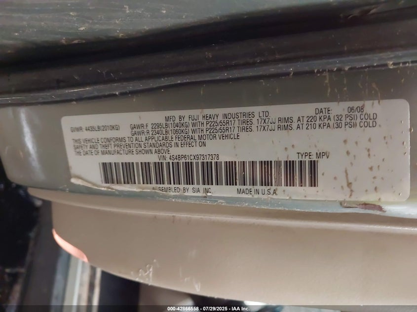 2009 Subaru Outback 2.5I VIN: 4S4BP61C597371378 Lot: 42866558