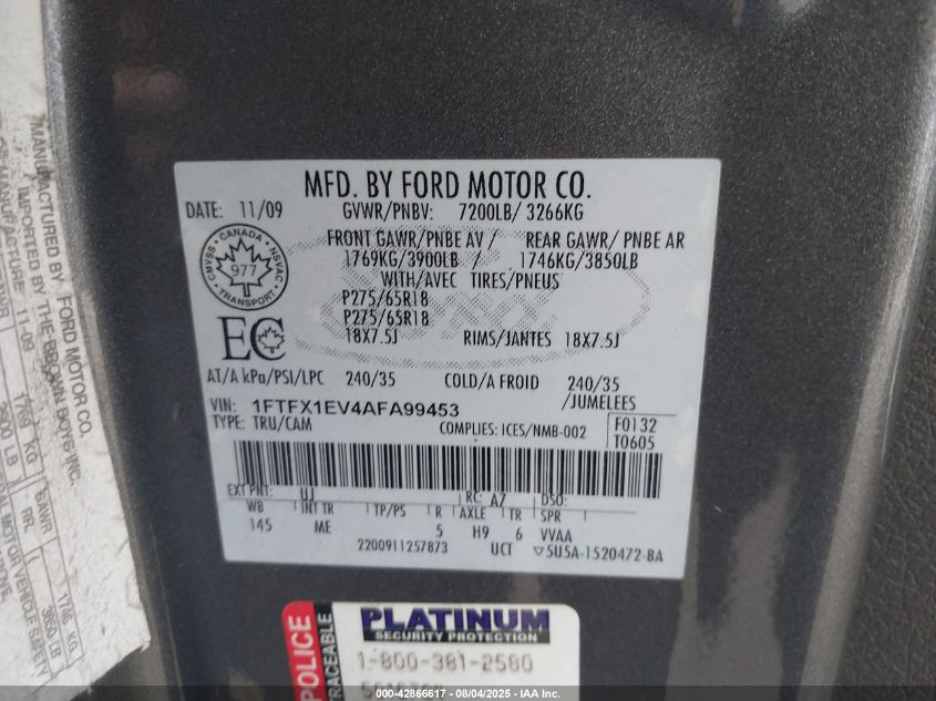 2010 Ford F-150 Fx4/Lariat/Xl/Xlt VIN: 1FTFX1EV4AFA99453 Lot: 42866617