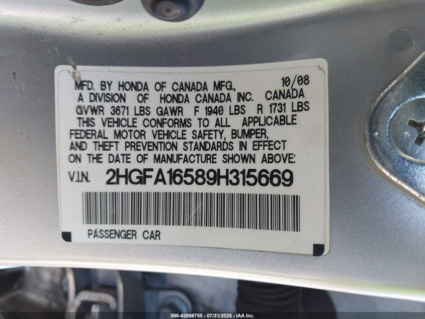 2009 Honda Civic Lx VIN: 2HGFA16589H315669 Lot: 42866750