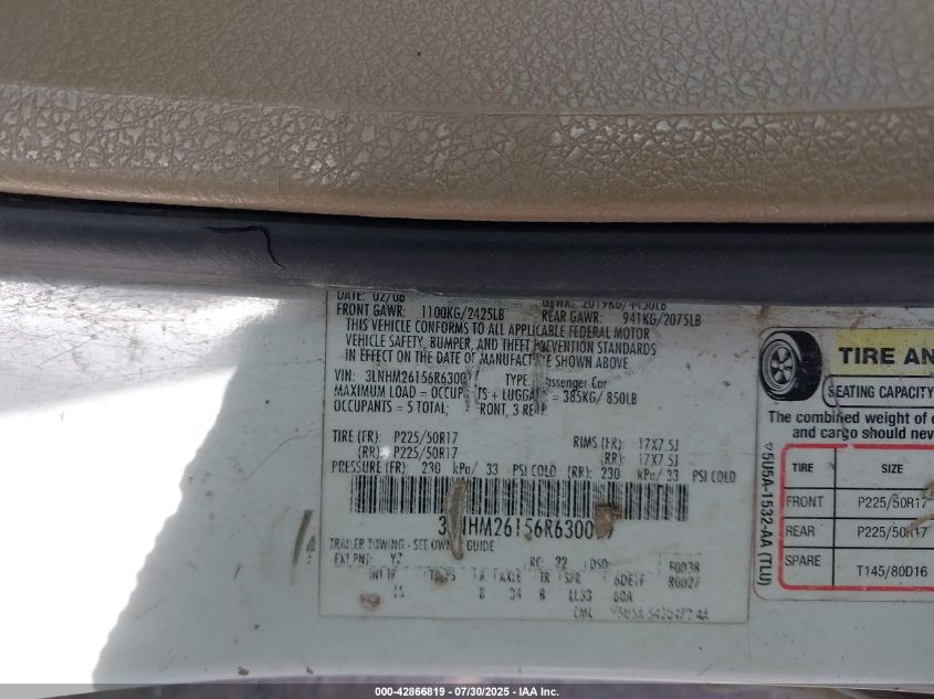 2006 Lincoln Zephyr VIN: 3LNHM26156R630099 Lot: 42866819