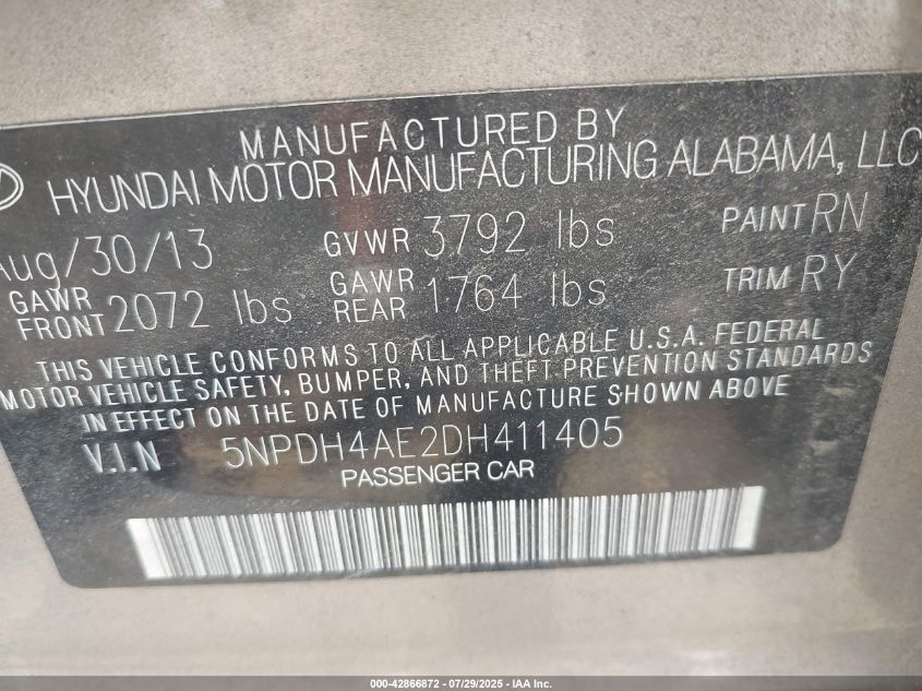 2013 Hyundai Elantra Limited VIN: 5NPDH4AE2DH411405 Lot: 42866872