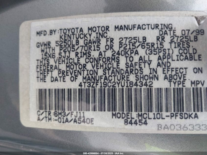 2000 Toyota Sienna Ce VIN: 4T3ZF19C2YU184342 Lot: 42866884