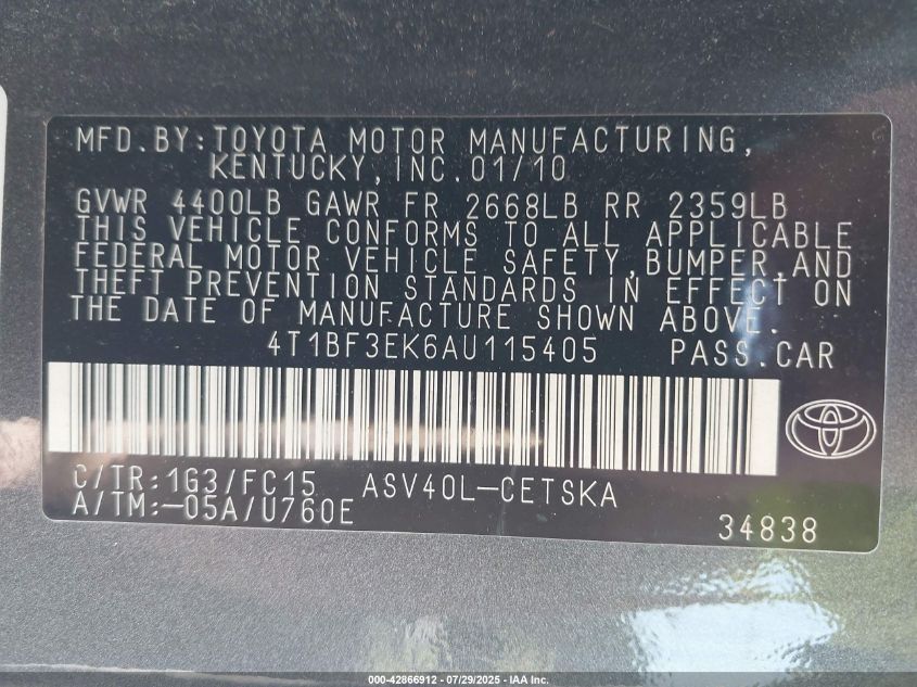 2010 Toyota Camry Se VIN: 4T1BF3EK6AU115405 Lot: 42866912