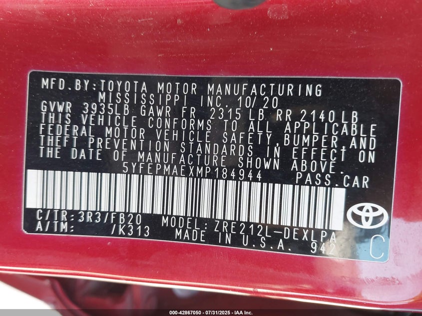 2021 TOYOTA COROLLA LE - 5YFEPMAEXMP184944