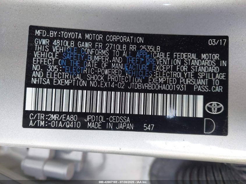 2017 Toyota Mirai VIN: JTDBVRBD0HA0019 Lot: 42867169