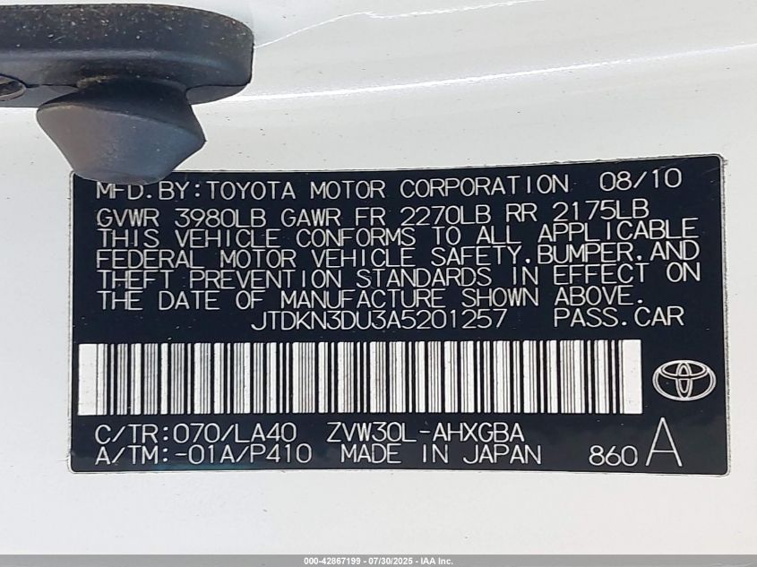 2010 Toyota Prius Iv VIN: JTDKN3DU3A5201257 Lot: 42867199