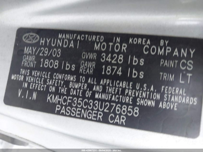2003 Hyundai Accent VIN: KMHCF35C33U276858 Lot: 43223114
