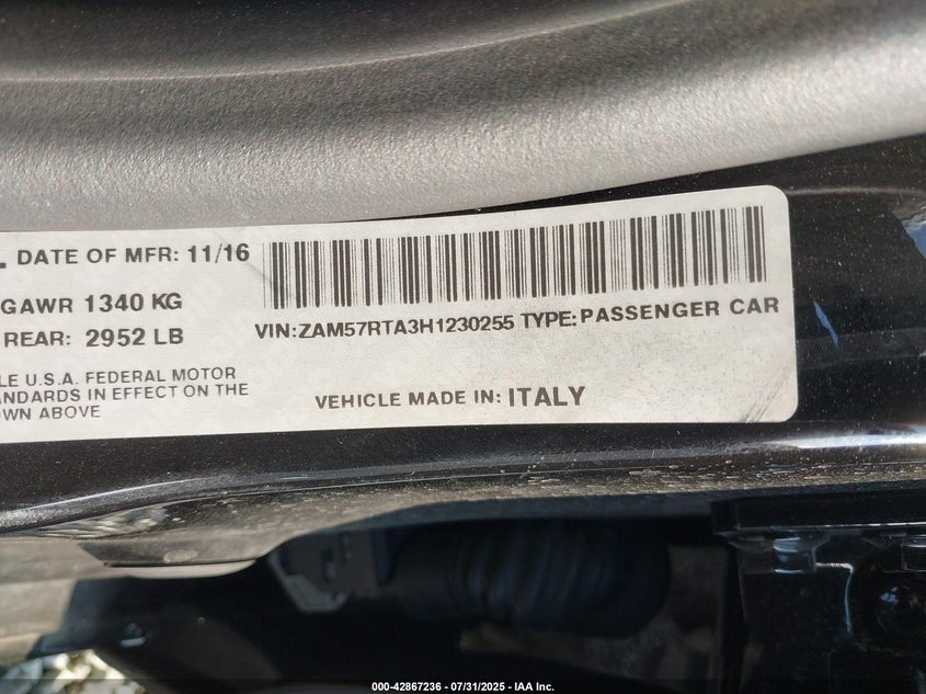 VIN ZAM57RTA3H1230255 2017 MASERATI GHIBLI S Q4