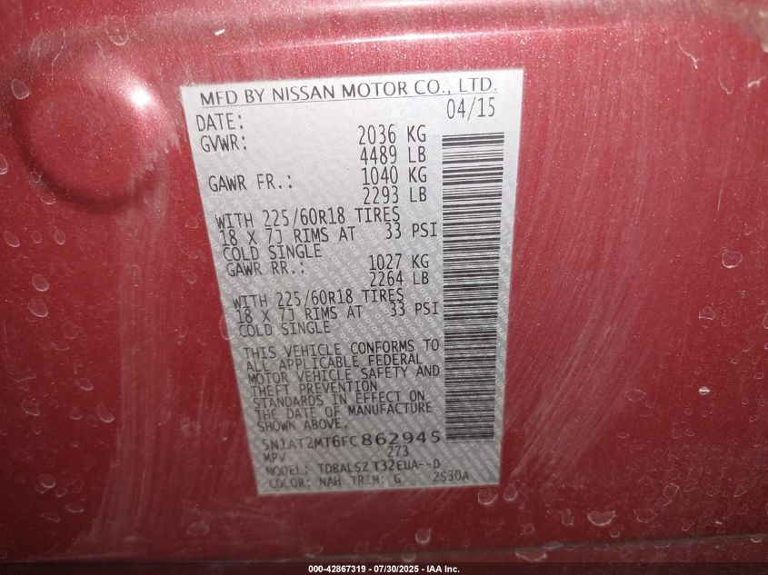 2015 Nissan Rogue Sl VIN: 5N1AT2MT6FC862945 Lot: 42867319