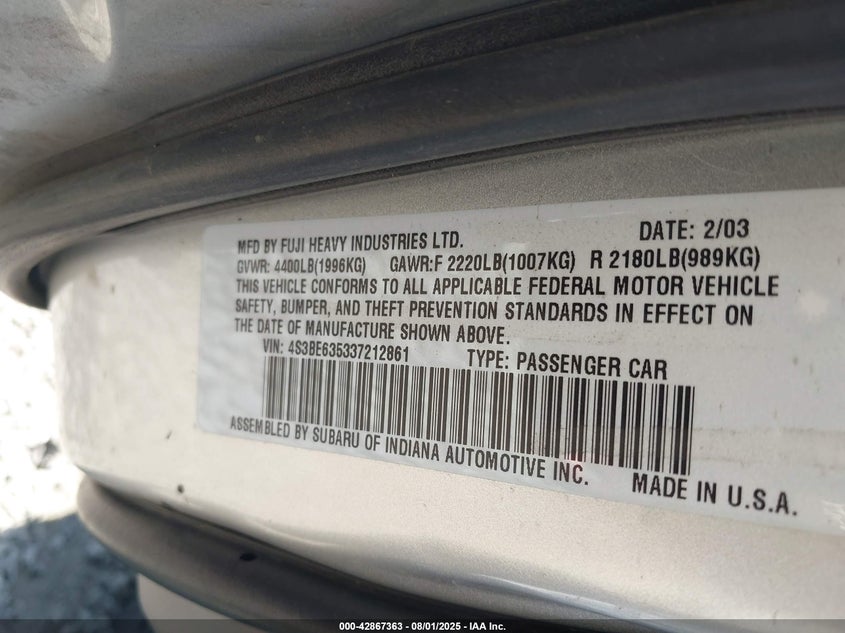 4S3BE635337212861 2003 SUBARU LEGACY photo no. 9