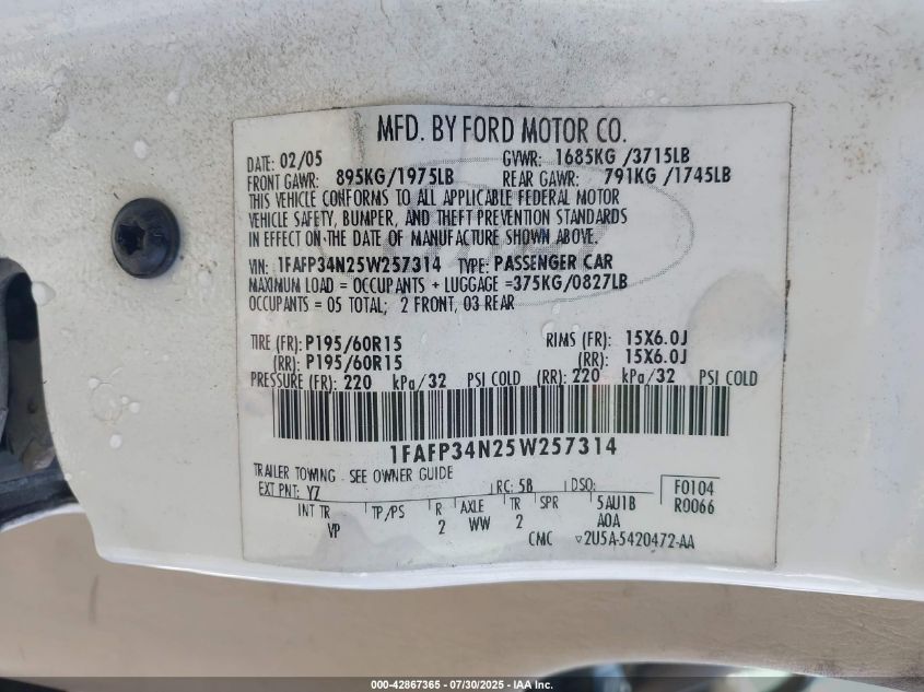 2005 Ford Focus Zx4 VIN: 1FAFP34N25W257314 Lot: 42867365