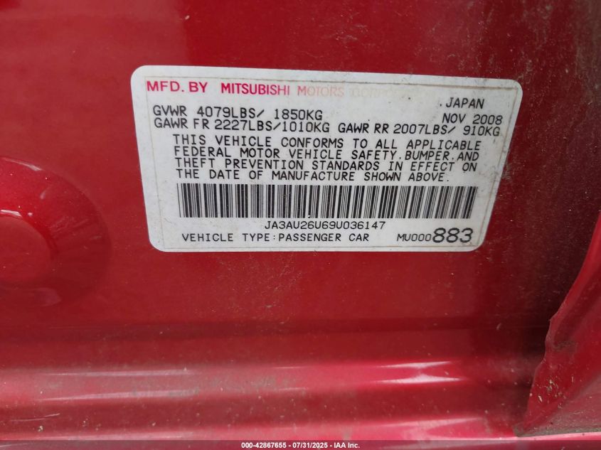 2009 Mitsubishi Lancer Es/Es-Sport VIN: JA3AU26U69U036147 Lot: 42867655
