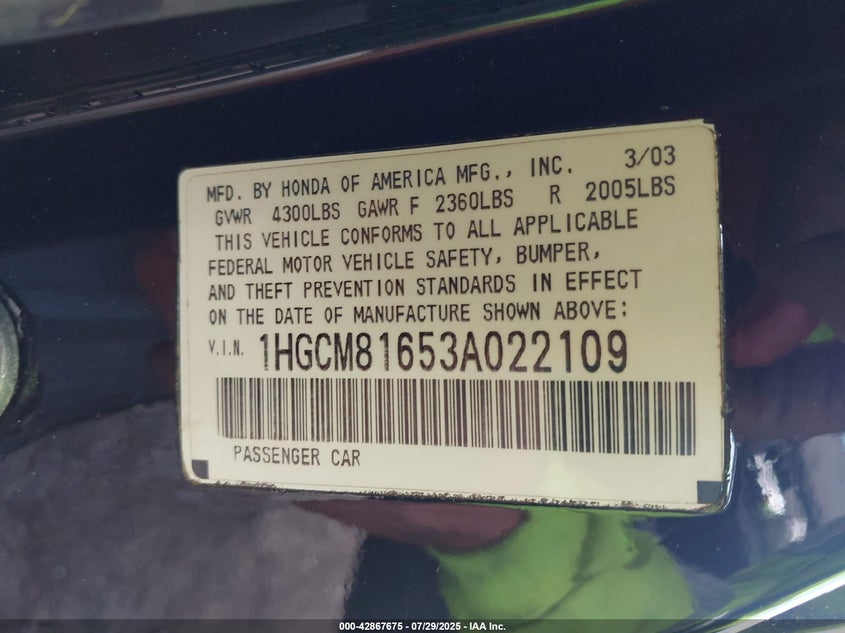 2003 Honda Accord 3.0 Ex VIN: 1HGCM81653A022109 Lot: 42867675