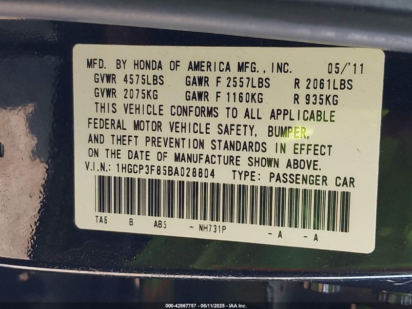 2011 Honda Accord 3.5 Ex-L VIN: 1HGCP3F85BA028804 Lot: 42867757