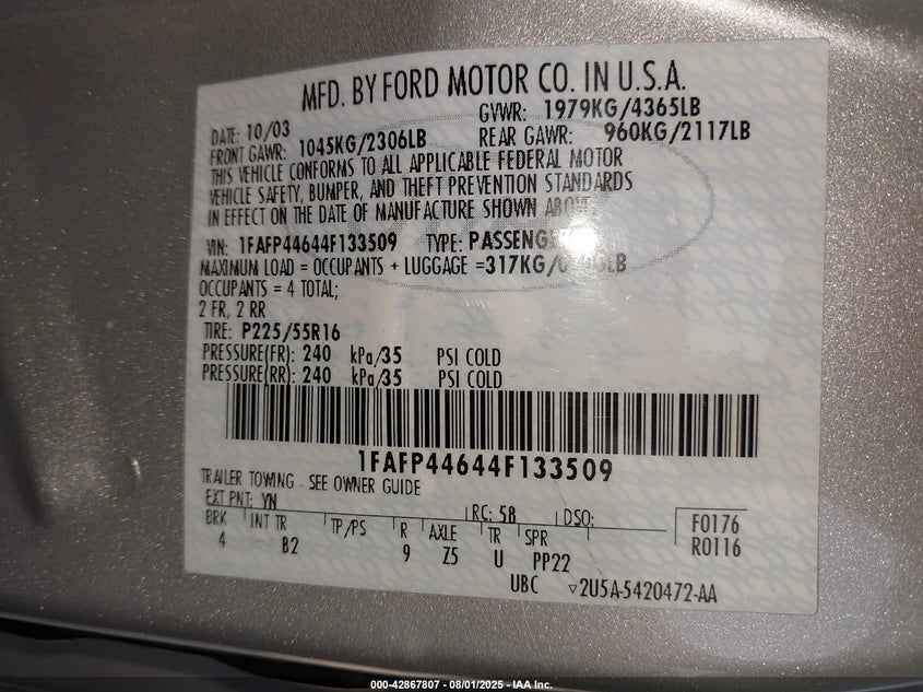 2004 Ford Mustang VIN: 1AFP44644F133509 Lot: 42867807