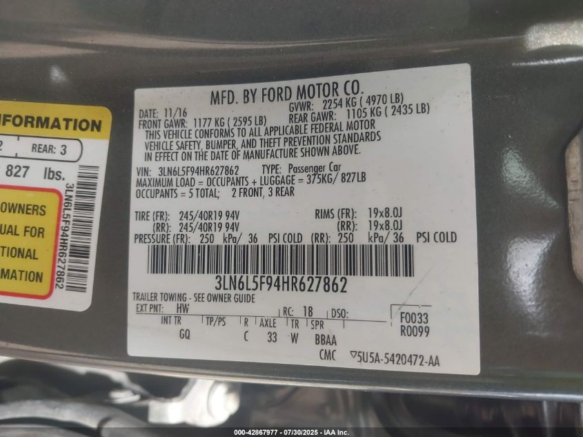 2017 Lincoln Mkz Reserve VIN: 3LN6L5F94HR627862 Lot: 42867977