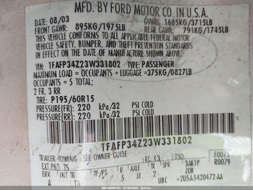 2003 Ford Focus Se VIN: 1FAFP34Z23W331802 Lot: 42868153