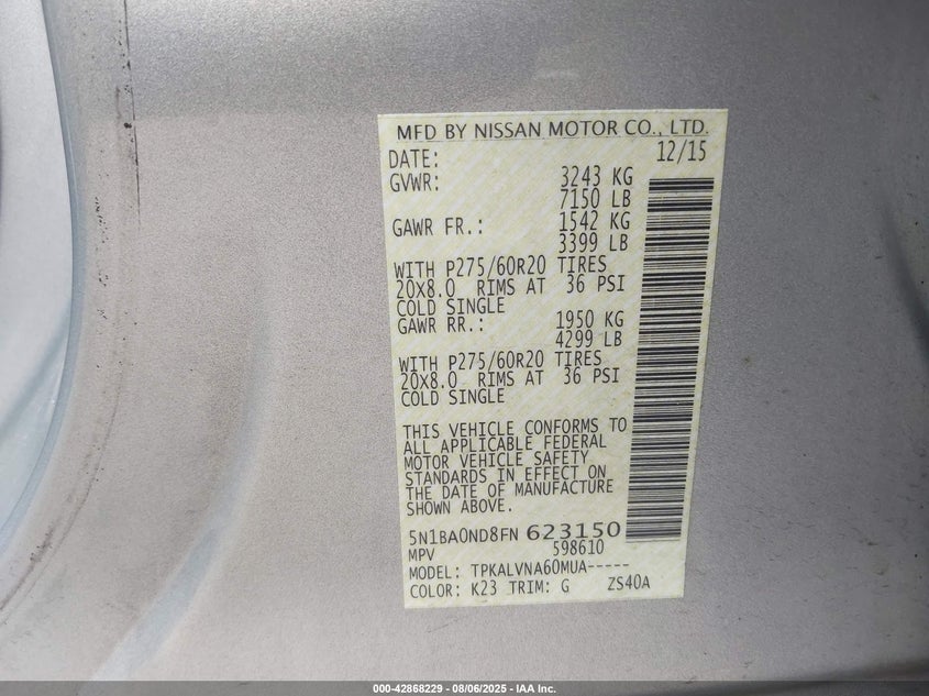 2015 NISSAN ARMADA SL - 5N1BA0ND8FN623150