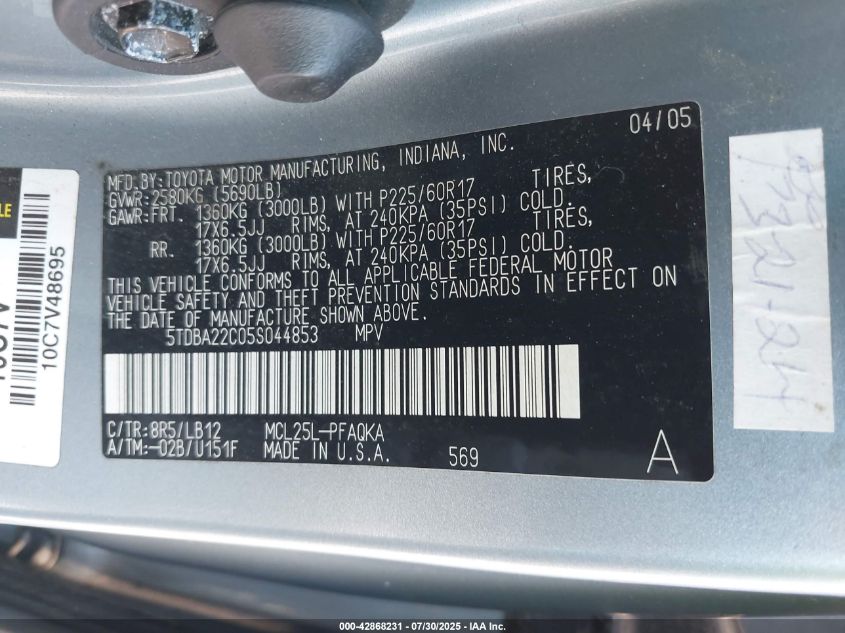 2005 Toyota Sienna Xle VIN: 5TDBA22C05S044853 Lot: 42868231