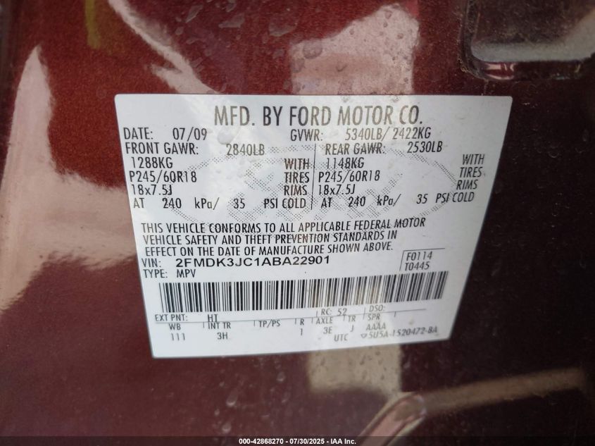 2010 Ford Edge Sel VIN: 2FMDK3JC1ABA22901 Lot: 42868270