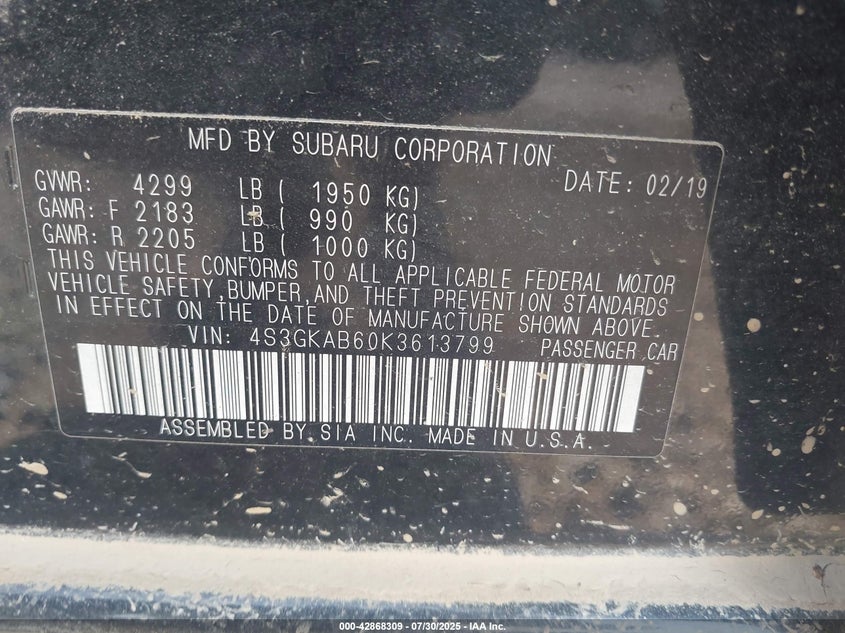 VIN 4S3GKAB60K3613799 2019 SUBARU IMPREZA 2.0I