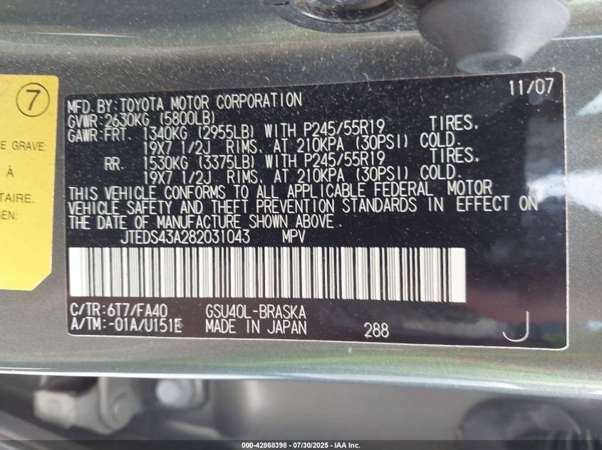 2008 Toyota Highlander Sport VIN: JTEDS43A282031043 Lot: 42868398