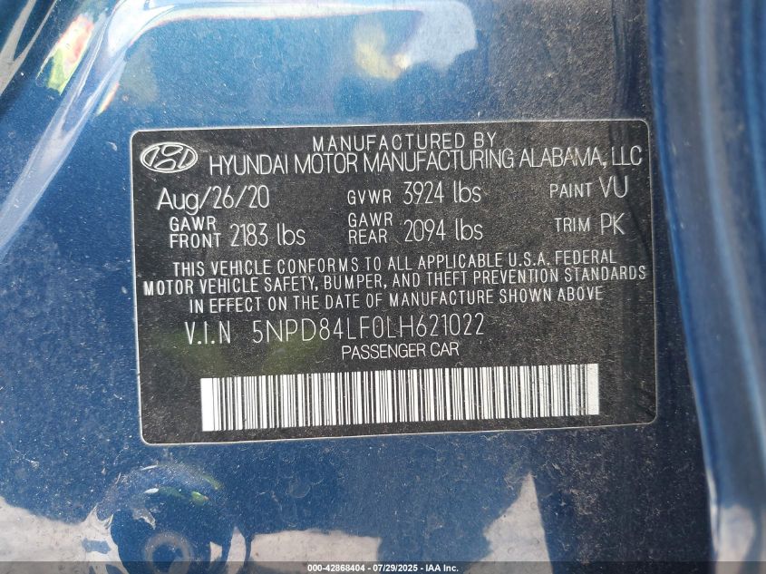 2020 Hyundai Elantra Sel VIN: 5NPD84LF0LH621022 Lot: 42868404