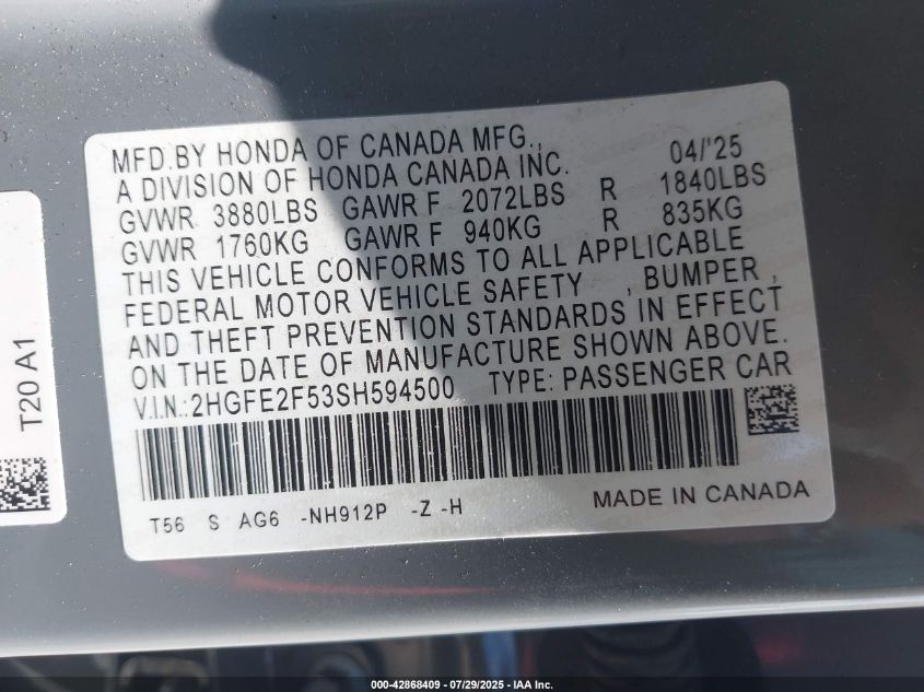 2025 Honda Civic Sport VIN: 2HGFE2F53SH594500 Lot: 42868409