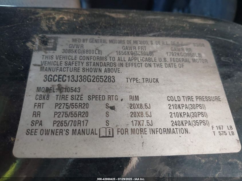 2008 Chevrolet Silverado 1500 Lt1 VIN: 3GCEC13J38G265283 Lot: 42868425
