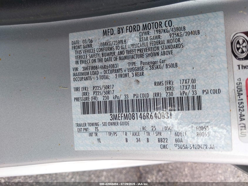 2006 Mercury Milan V6 Premier VIN: 3MEFM08146R640831 Lot: 42868494