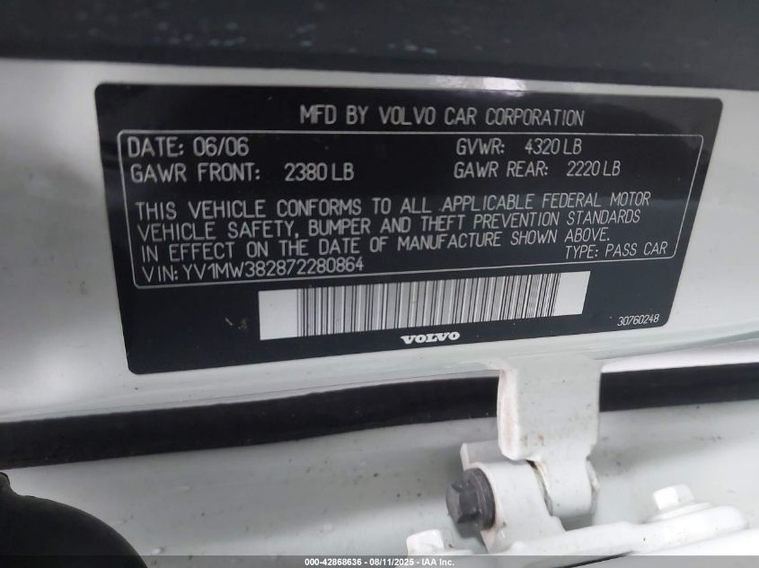 2007 Volvo V50 2.4I VIN: YV1MW382872280864 Lot: 42868636