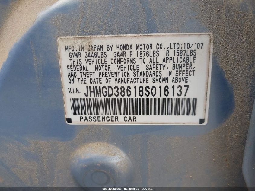 2008 Honda Fit Sport VIN: JHMGD38618S016137 Lot: 42868668