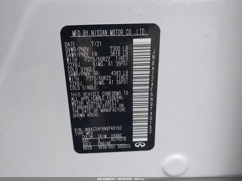 2022 Infiniti Qx80 Premium Select VIN: JN8AZ2AF6N9740152 Lot: 42868751