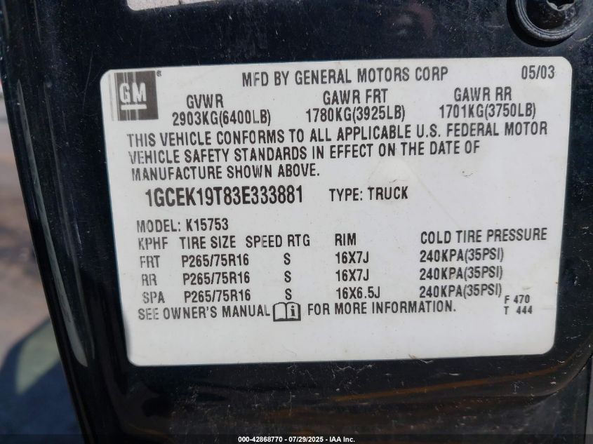 2003 Chevrolet Silverado 1500 Ls VIN: 1GCEK19T83E333881 Lot: 42868770